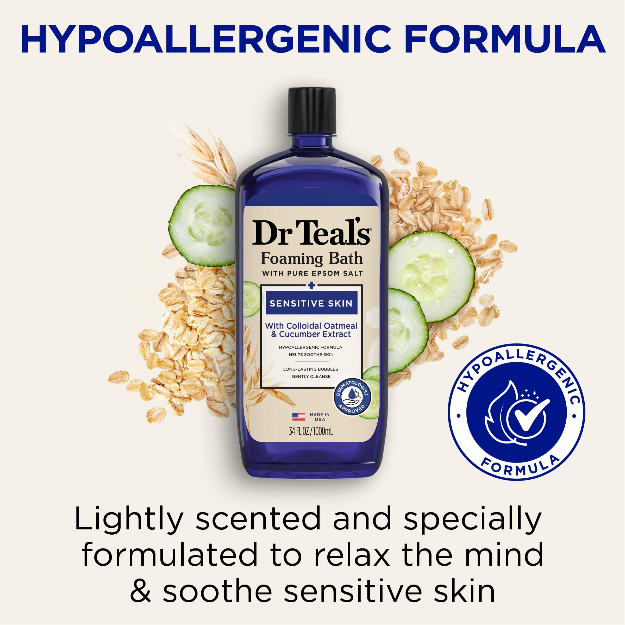Dr Teal's Foaming Bath with Pure Epsom Salt, Sensitive Skin with Colloidal Oatmeal & Cucumber, 34 fl oz (Pack of 4)